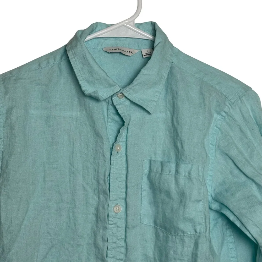 Janie and Jack Boys 16 Aqua Blue Linen Long Sleeve Button Up Shirt Spring Easter
